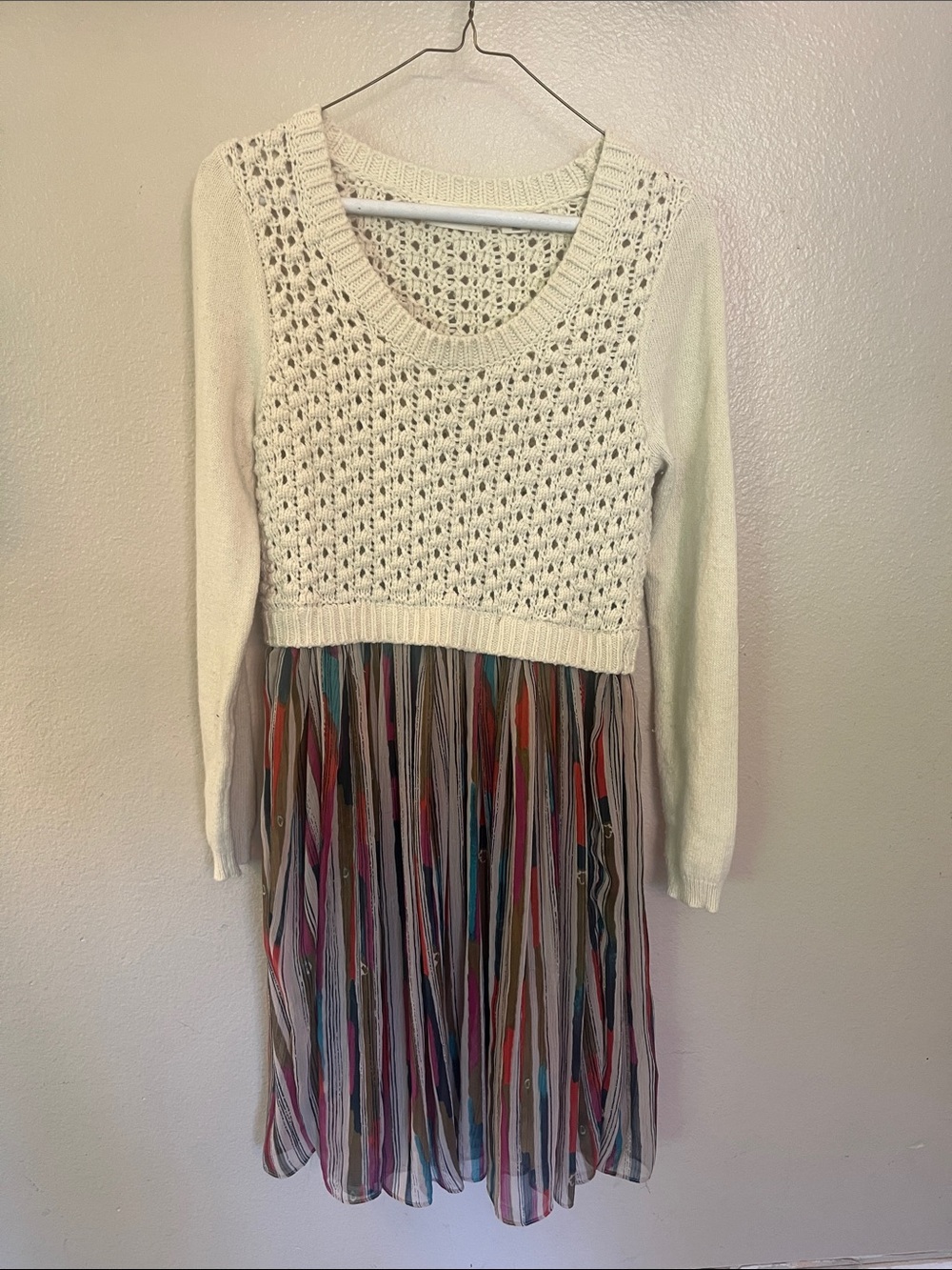 Sleeping on Snow Crochet Sweater Multi-Color Pleated Dress Wool Blend S